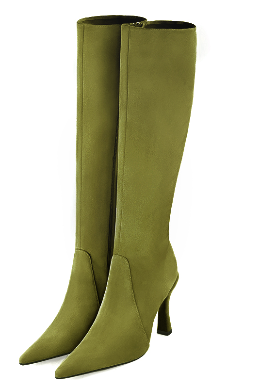 Pistachio green women's feminine knee-high boots. Pointed toe. Very high spool heels. Made to measure. Front view - Florence KOOIJMAN